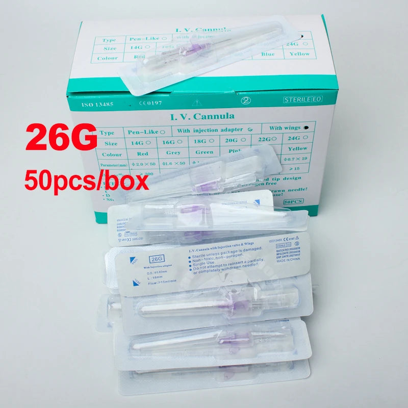 50pcs Disposable IV Cannula Intravenous Injection Catheter with Wing 22G 24G 26G For Pet Dog Cat Animals Veterinary Suppliers