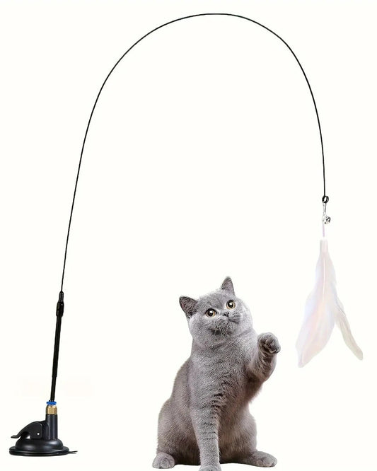 Cat Teaser Toy - Interactive Bell & Feather Wand - Long Suction Cup Pole for Exciting Playtime Adventures - Ultimate Cat Toy