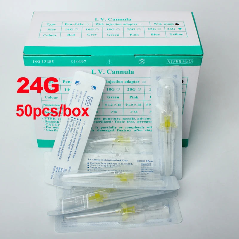 50pcs Disposable IV Cannula Intravenous Injection Catheter with Wing 22G 24G 26G For Pet Dog Cat Animals Veterinary Suppliers